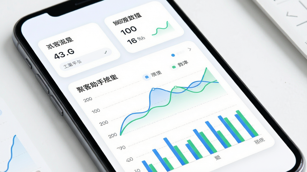 一张聚客助手数据看板功能的界面展示图,主体为手机屏幕中的数据统计页面,布局为上方汇总卡片下方折线图与柱状图组合,排版整齐,风格为清新浅色商务风,细节包含蓝色与绿色数据曲线、白色背景卡片、圆角边框,画质高清干净无多余元素