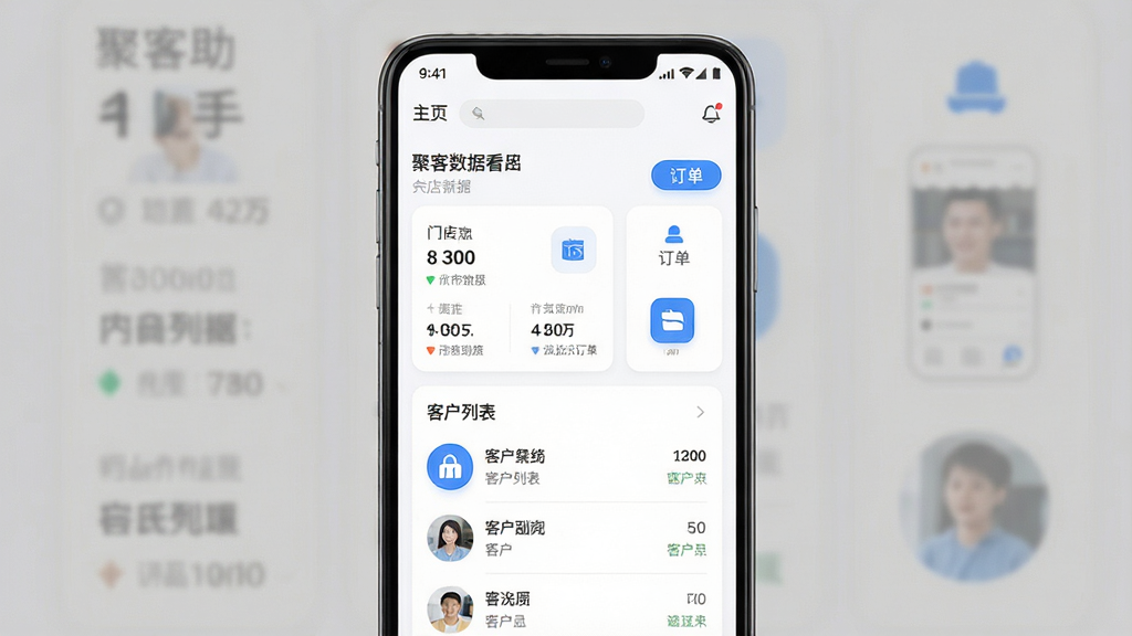 一张展示聚客助手软件界面的手机预览图,主体为一部竖屏安卓手机,屏幕中显示聚客助手应用主页面,页面包含门店数据看板、客户列表与订单入口等模块,布局简洁清晰,排版居中,风格为现代扁平化UI设计,细节包含圆角卡片、蓝色主色调图标与白色背景,画质高清干净无多余元素