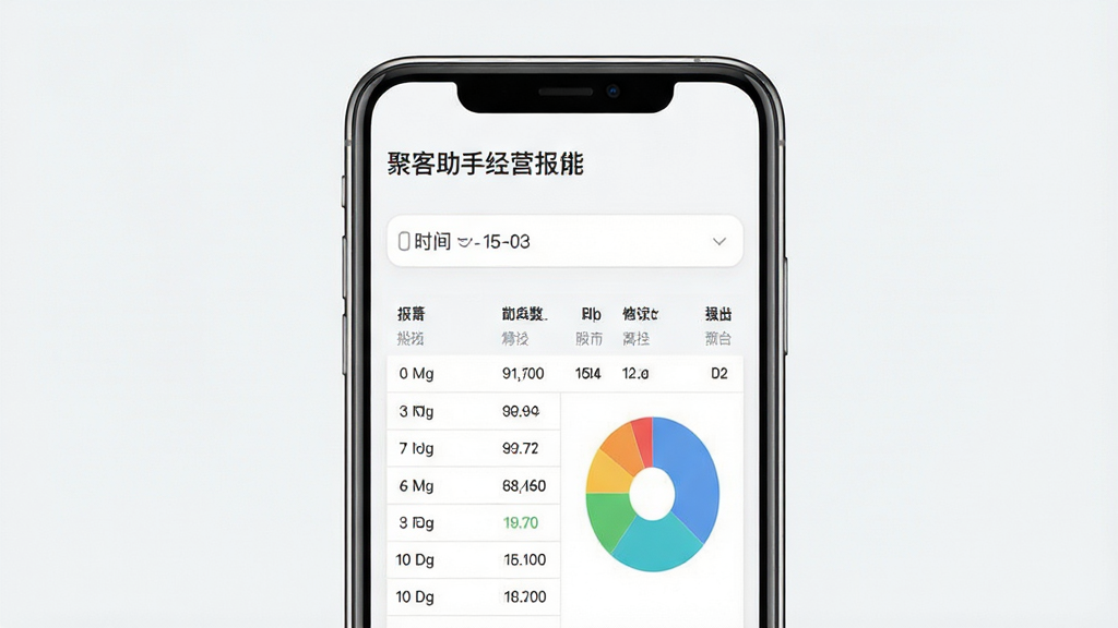 一张聚客助手经营报表功能的界面展示图,主体为手机屏幕中的报表页面,布局为上方时间筛选与下方数据表格及饼图,排版规整,风格为清爽素雅风,细节包含报表标题、数据行列与彩色饼图分区,画质高清干净无多余元素