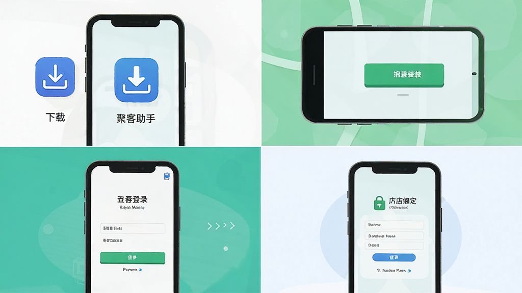 一张聚客助手安装与使用步骤示意图,主体为手机屏幕展示从下载到登录的流程画面,布局为四格分镜排列,排版从左到右从上到下,风格为扁平化教程插画风,细节包含下载图标、安装按钮、登录界面与门店绑定页面,画质高清干净无多余元素