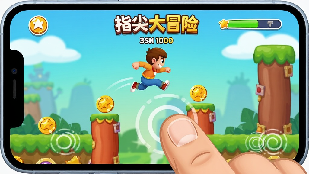 一只卡通手指在手机屏幕上轻点滑动,屏幕内呈现“指尖大冒险”游戏关卡场景,角色正跃过障碍收集金币,布局为手指与屏幕特写组合,风格为明亮活泼的插画风,细节包含触控波纹、得分数字与关卡进度条,画质清晰,干净,无多余元素