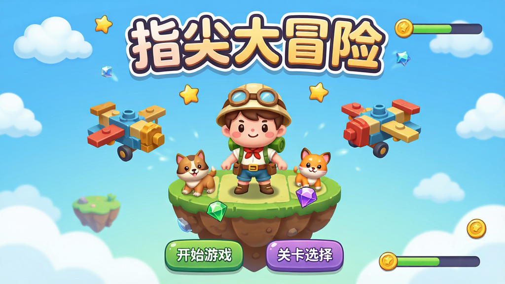 画面中央展示一款名为“指尖大冒险”的手机游戏主界面,主体为一位可爱的卡通冒险角色站在悬浮平台上,周围环绕积木飞机、宠物伙伴与彩色宝石,布局采用居中构图,上方用大号圆润字体写“指尖大冒险”标题,下方排列开始游戏与关卡选择按钮,风格为清新卡通休闲游戏UI,细节包含云朵、星星、金币与进度条,画质高清,干净,无多余元素