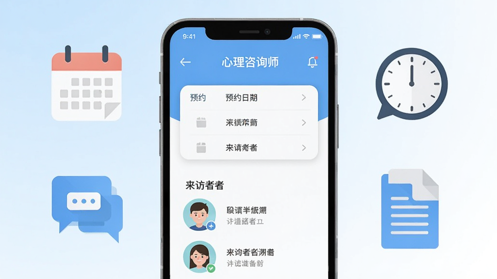 画面中央放置一部智能手机,屏幕显示简单心理咨询师版应用主界面,界面包含预约日程卡片和来访者头像列表,手机周围环绕日历图标、对话气泡、时钟和文档图标,背景为浅蓝与白色渐变,整体采用扁平化科技风格,布局简洁有序,细节干净清晰,画质高清,无多余元素