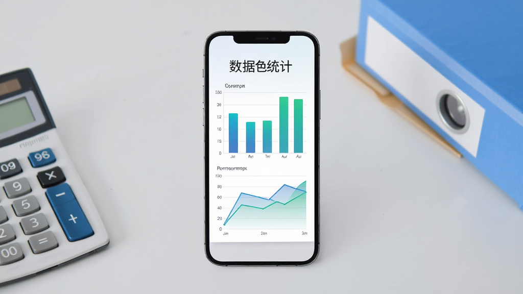 手机屏幕展示简单心理咨询师版的数据统计页面,包含柱状图和折线图,图表颜色为蓝绿渐变,手机放置在浅灰色桌面上,旁边有计算器和文件夹,背景简洁,画面采用扁平化风格,构图居中,画质高清,无多余元素