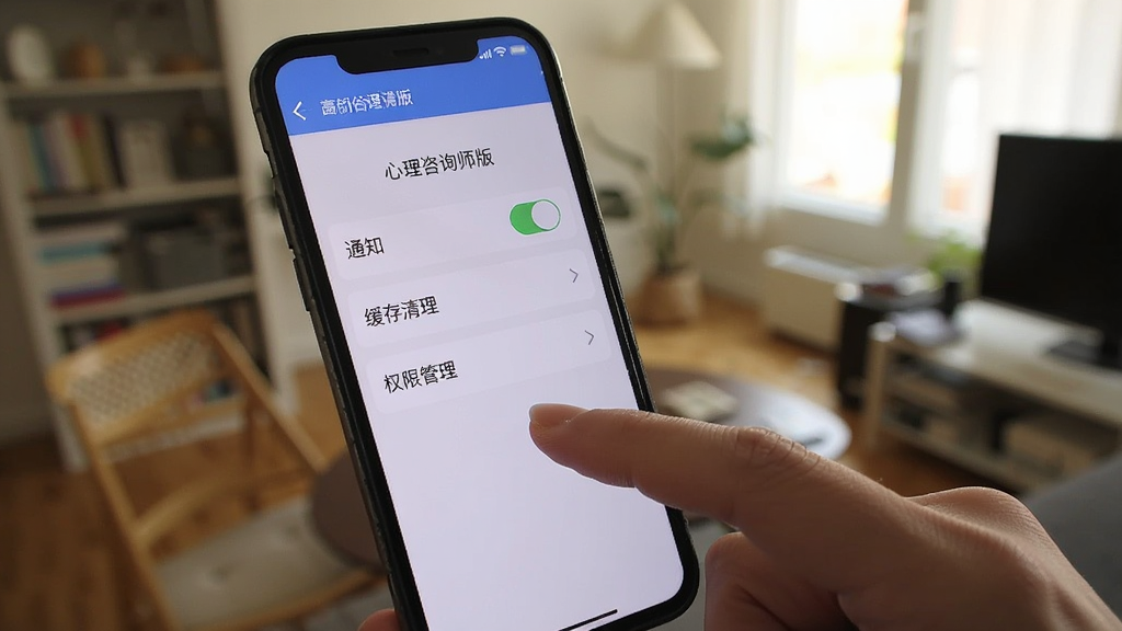 手机屏幕显示简单心理咨询师版的设置页面,页面中有通知开关、缓存清理和权限管理选项,一只手正在点击屏幕,背景为室内环境,画面采用写实风格,构图特写,光线自然,画质清晰,无多余元素