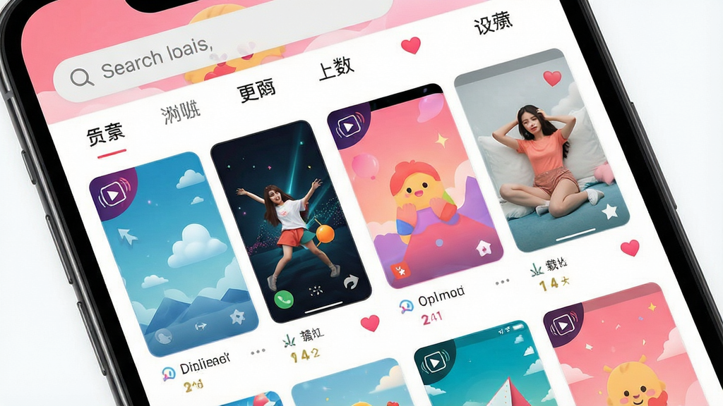 一张展示心动主题壁纸应用内壁纸分类页面的截图风格图,主体为手机屏幕显示网格状壁纸缩略图,布局为顶部搜索栏与横向分类标签,排版采用瀑布流双列展示,风格为明亮活泼的UI设计,细节包含动态壁纸角标、下载量标签与爱心收藏图标,画质高清,画面干净无多余元素。