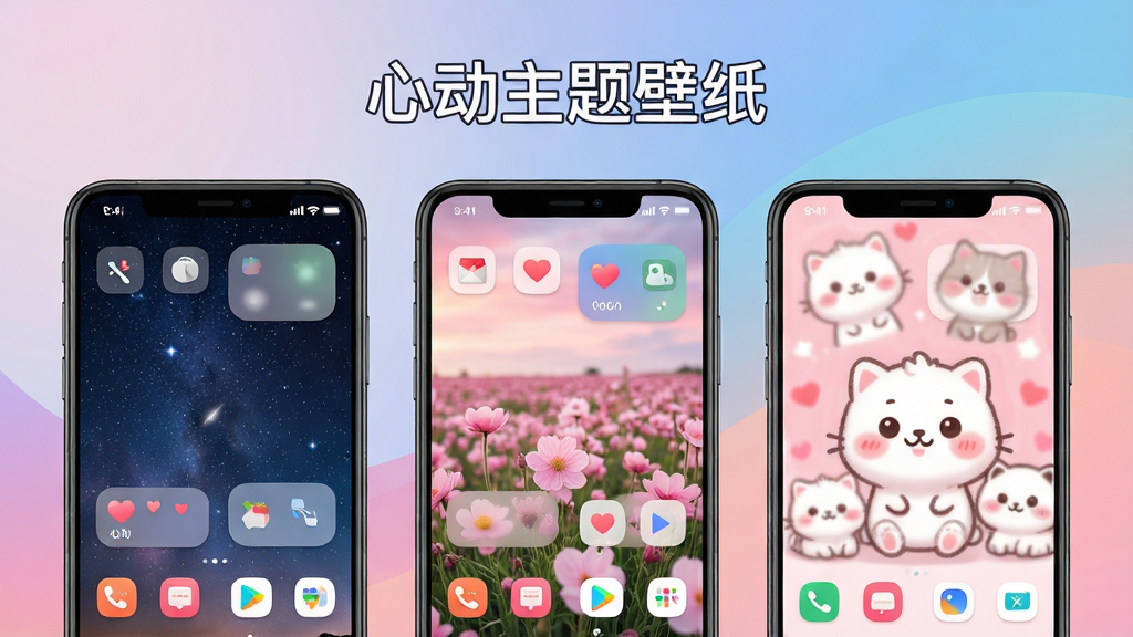 一张展示心动主题壁纸应用界面的手机样机图,主体为三部并排的安卓手机,屏幕分别显示不同风格的动态壁纸如星空、粉色花海与可爱萌宠,布局采用居中对称排列,排版上方带有“心动主题壁纸”文字标题,风格为清新现代数码风,细节包含圆角图标、悬浮小组件与流畅的渐变背景,画质为4K超清,画面干净无多余元素。