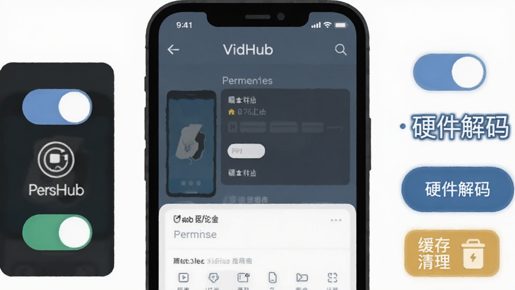 VidHub使用指南主题插画,画面展示一部手机屏幕显示VidHub设置界面,旁边有权限开关图标、硬件解码按钮和缓存清理图标,风格扁平化,背景为浅色,画质干净清晰