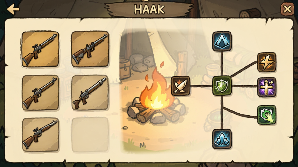 HAAK游戏武器升级界面,展示多种武器图标和技能树,背景是营地篝火,UI简洁清晰,手绘风格,色调温暖,干净无多余元素,高画质