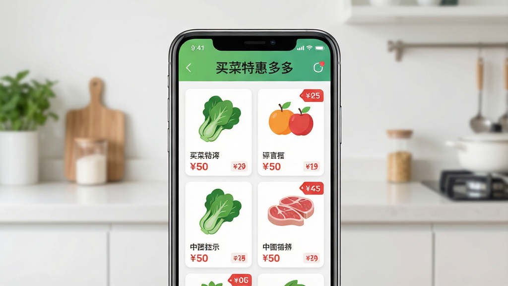 一张展示手机屏幕的清晰图片,手机中央显示“买菜特惠多多”应用界面,界面上排列着新鲜蔬菜、水果和肉类的特价卡片,背景是整洁的厨房台面,布局为居中构图,排版简洁,风格为现代扁平化设计,细节包括翠绿的青菜图标和红色的价格标签,画质高清,干净无多余元素