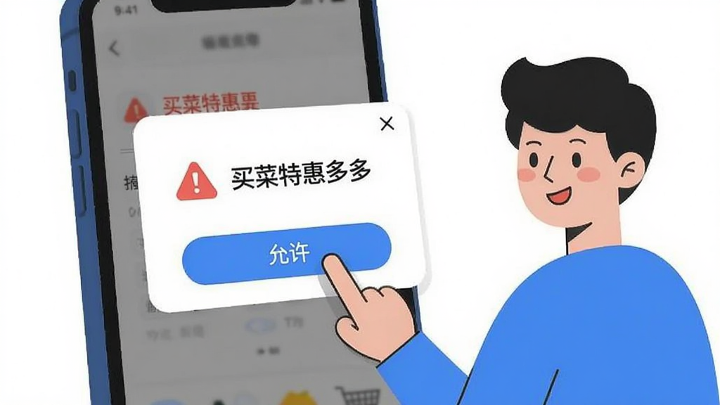 一张AI生成的图片,主体是一个手机屏幕显示“买菜特惠多多”的报错提示弹窗,旁边有一位卡通人物正在用手指点击“允许”按钮,布局为左右结构,排版生动,风格为扁平插画,细节包括红色的警告图标和蓝色的确认按钮,画质清晰,干净无多余元素