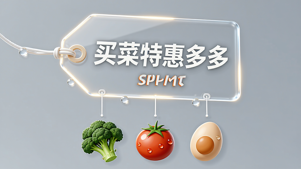 一幅AI生图,主体是一个悬浮在空中的半透明价格标签,标签上写着“买菜特惠多多”,标签下方连接着西兰花、番茄和鸡蛋的图标,布局为上下结构,排版居中,风格为3D渲染,细节包括标签边缘的微光效果和蔬菜上的水珠,画质超清,干净简洁,无多余元素