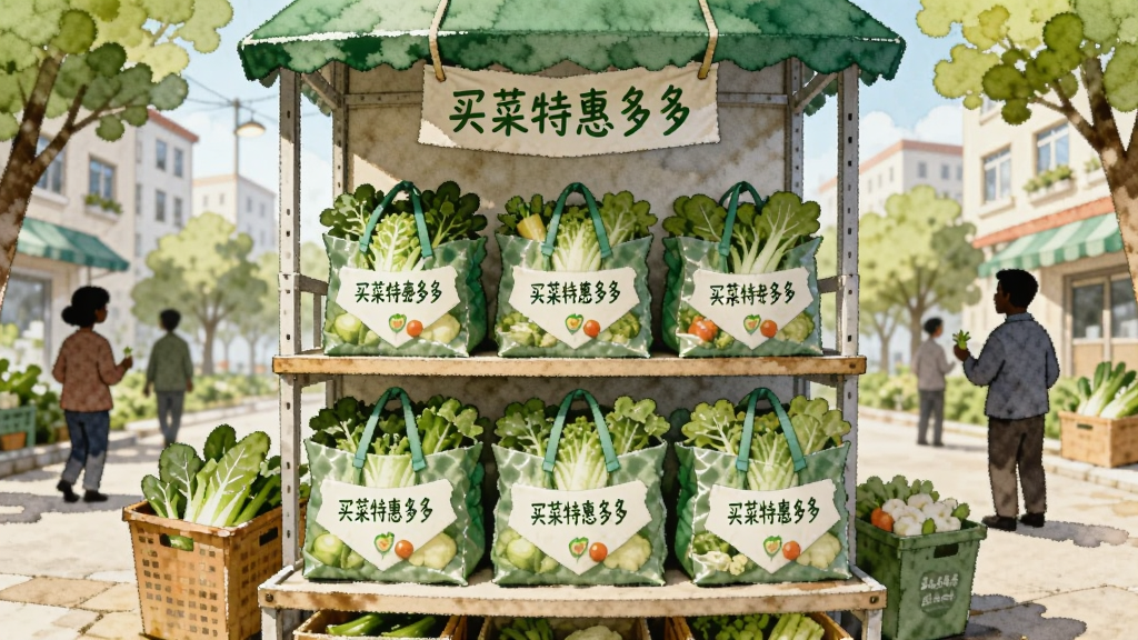 一张AI生成的图片,描述一个温馨的社区场景,画面中央是一个提货点的货架,货架上放着标有“买菜特惠多多”的蔬菜包裹,背景是绿树和楼房,布局为横向展开,排版自然,风格为水彩插画,细节包括包裹上新鲜的绿叶和友好的邻居剪影,画质柔和,干净无杂乱元素