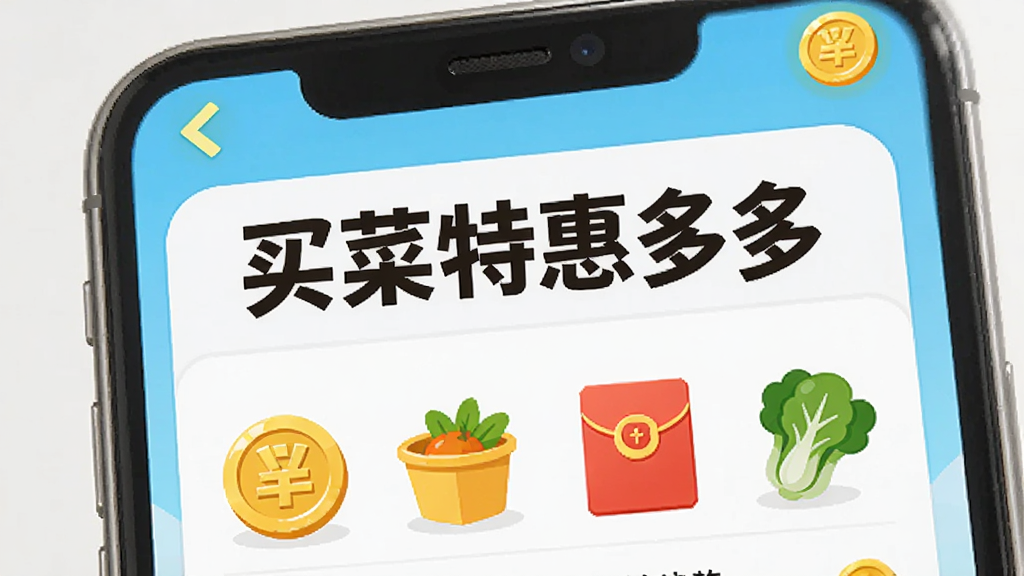 一张AI生图,主体是一个手机屏幕特写,屏幕上显示“买菜特惠多多”的签到界面,界面中有金币和红包图标,布局为竖屏展示,排版清晰,风格为卡通扁平化,细节包括金色的硬币和绿色的蔬菜图标,画质清晰,干净明亮,无多余元素
